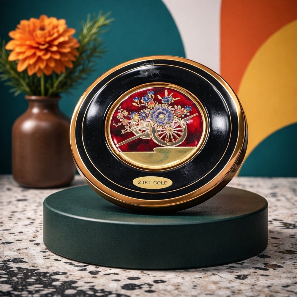 Chokin Art 24KT Gold Gilded‎ Vintage Japanese Plate Floral Cart Black 6 Inch